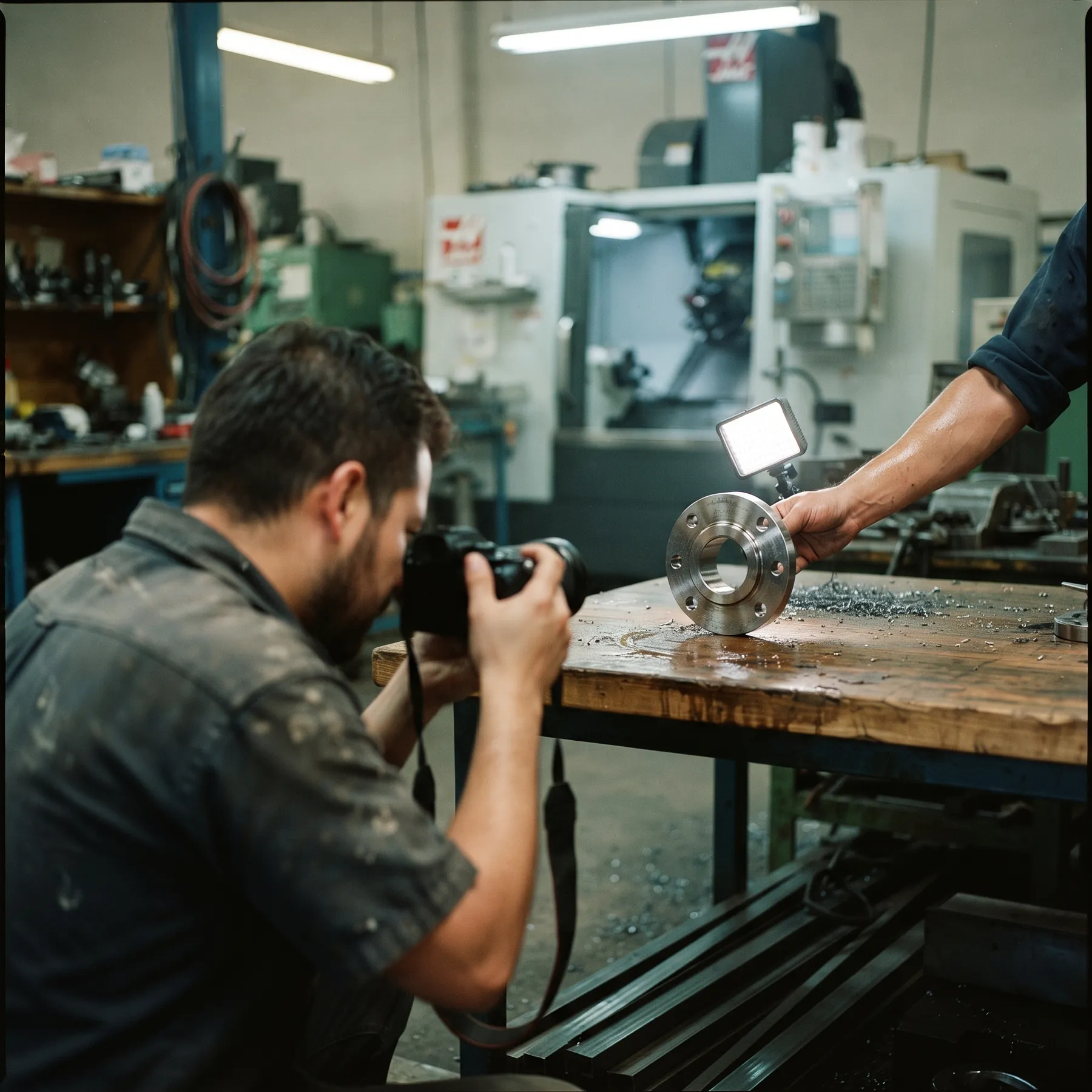 Fotografía de una pieza industrial sobre una mesa de trabajo